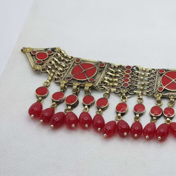 Afghan Choker Necklace With Dangling Beads, Afghan Kuchi Glass Stones Necklace, - Picture 2 of 4